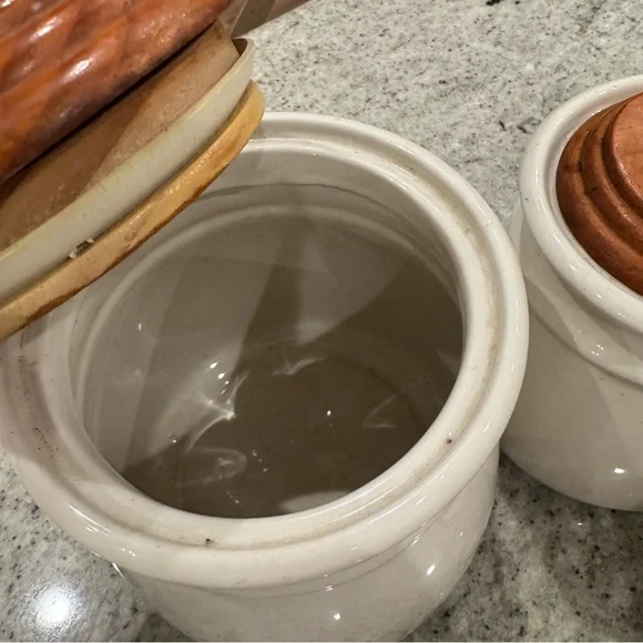 Vintage Floral Ceramic Canister Set with Wooden Lids pink flowers blue bows - Picture 6 of 10